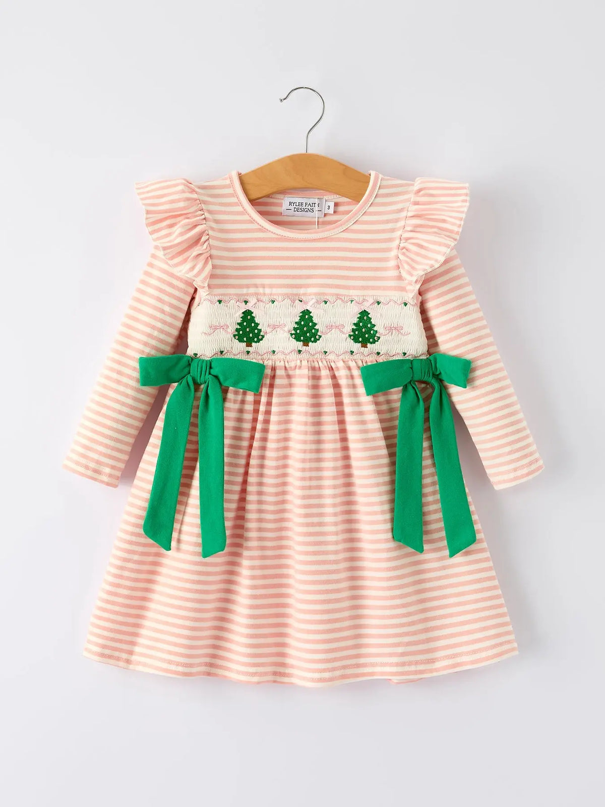 Christmas Tree Smocked Embroidery Stripe Baby Girls Dress