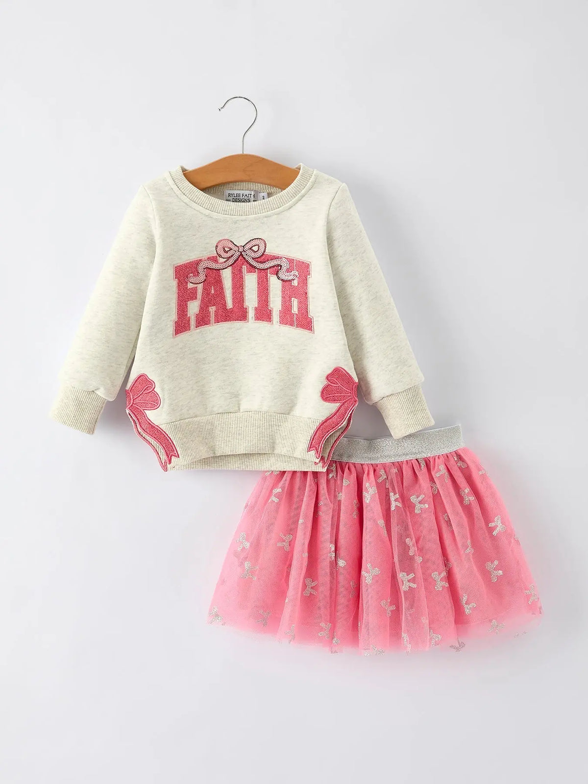 Girls Fall Outfit – FAITH Letter Sweatshirt and Pink Tulle Skirt Set Rylee Faith Designs