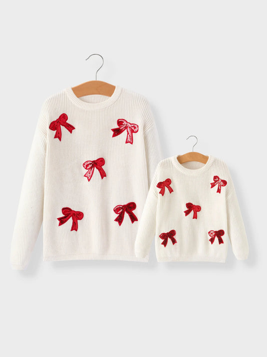 Mommy & Me Winter Girls Bow Sequins Pullover Sweater