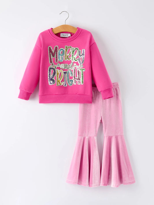 Toddler Girls Christmas Outfit – Pink Merry Bright Top and Bell Pants