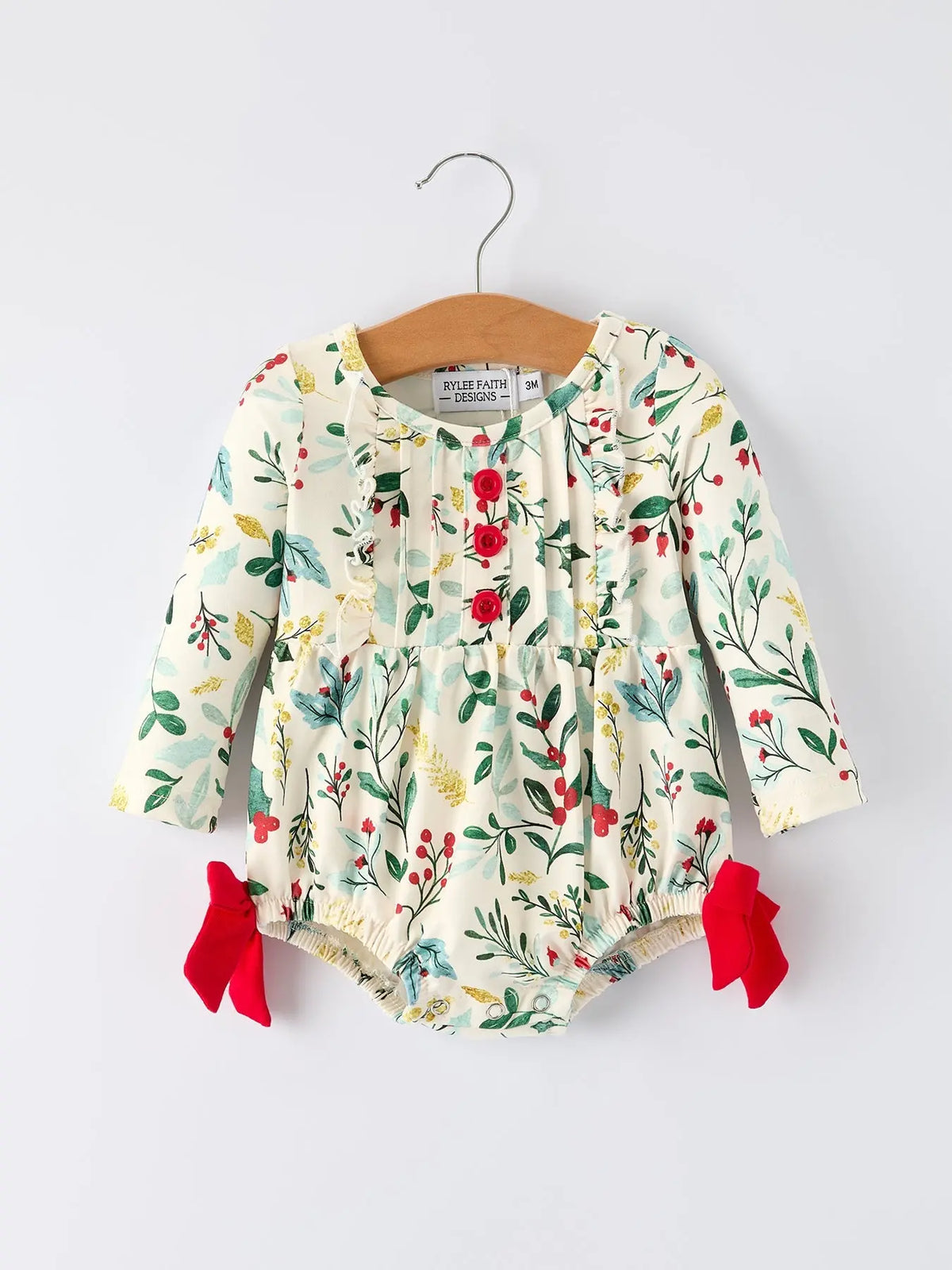 Baby Girls Christmas Romper – Holiday Bow Long Sleeve Outfit Rylee Faith Designs
