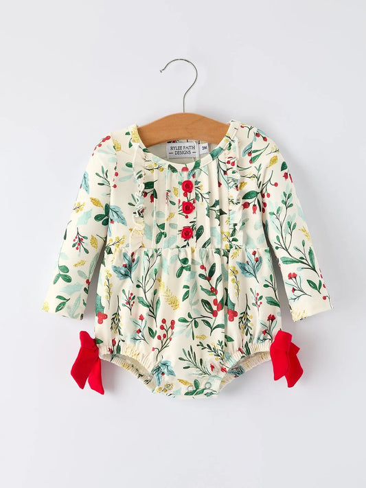 Baby Girls Christmas Romper – Holiday Bow Long Sleeve Outfit Rylee Faith Designs