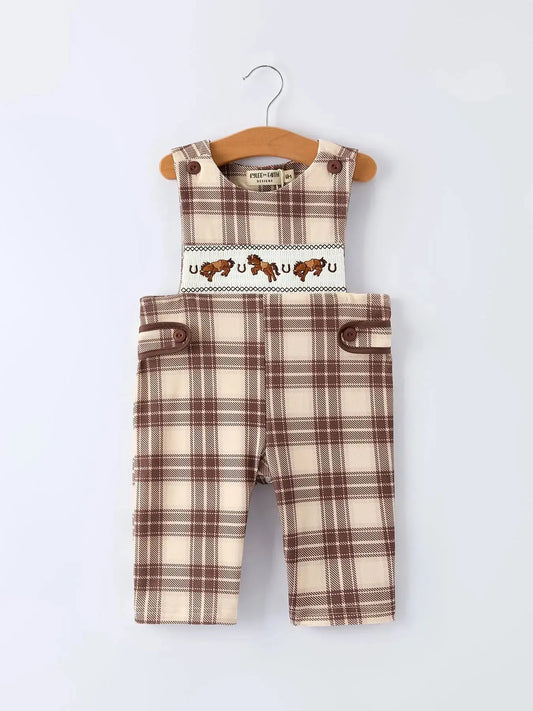Western Horse Embroidered Smocked Plaid Baby Boy Romper Rylee Faith Designs