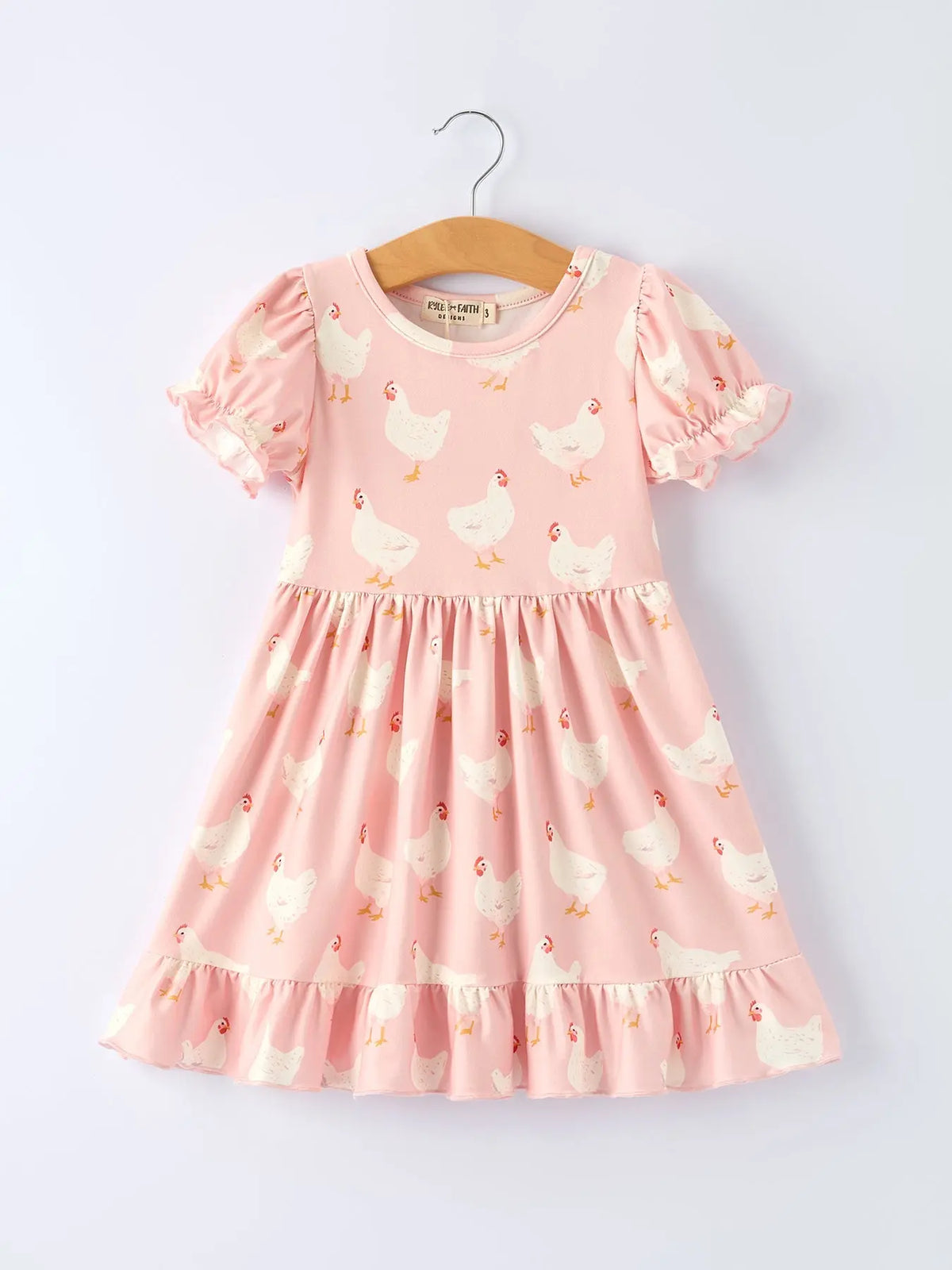 Farm Spring Chicken Print Girls Ruffle Dress