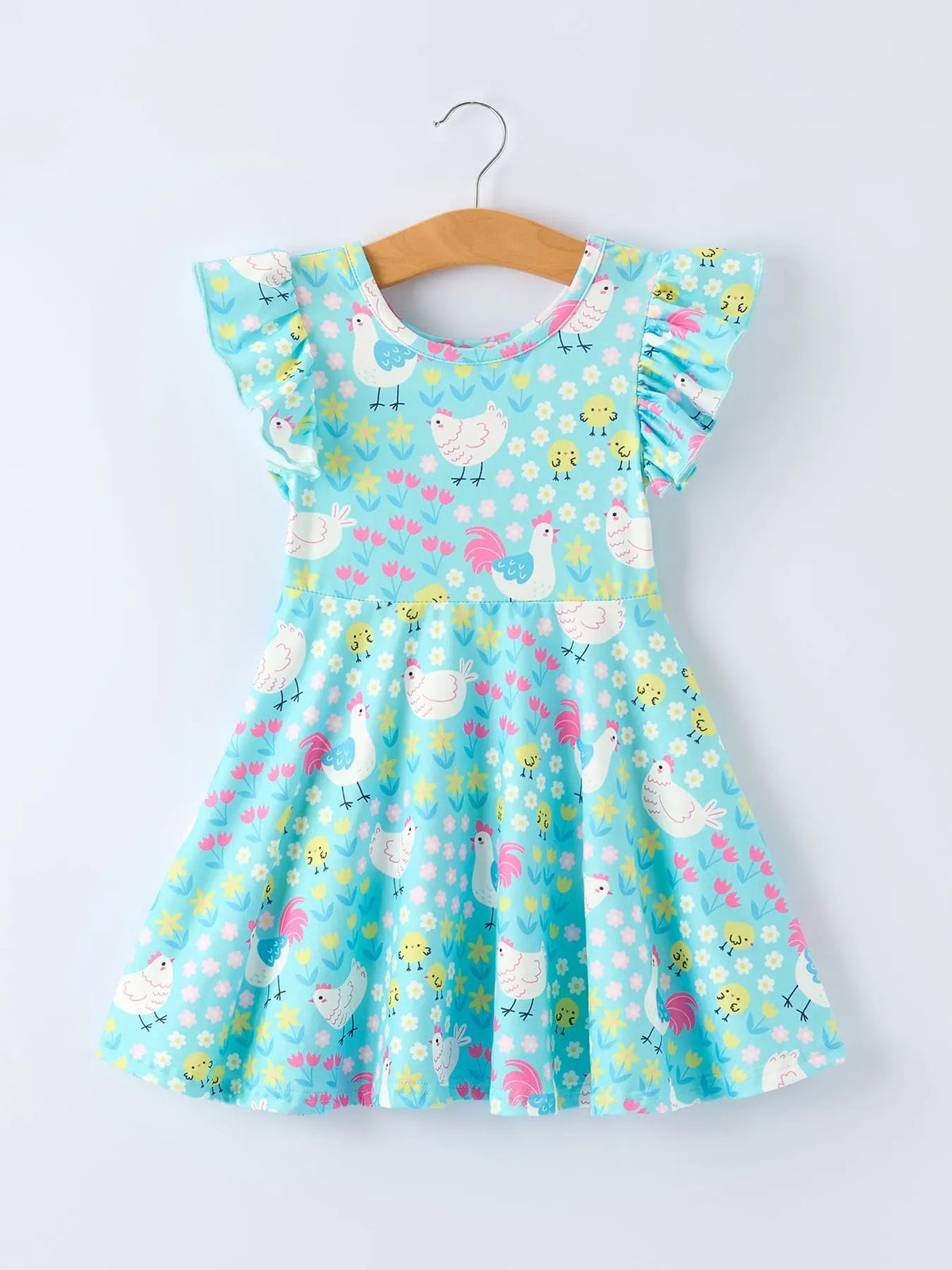 Aqua Spring Chicken Floral Farm Print Girls Dress