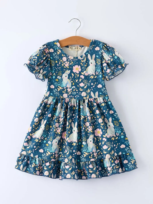Teal Bunny Garden Ruffle Sleeve Girls Dress Rylee Faith Designs