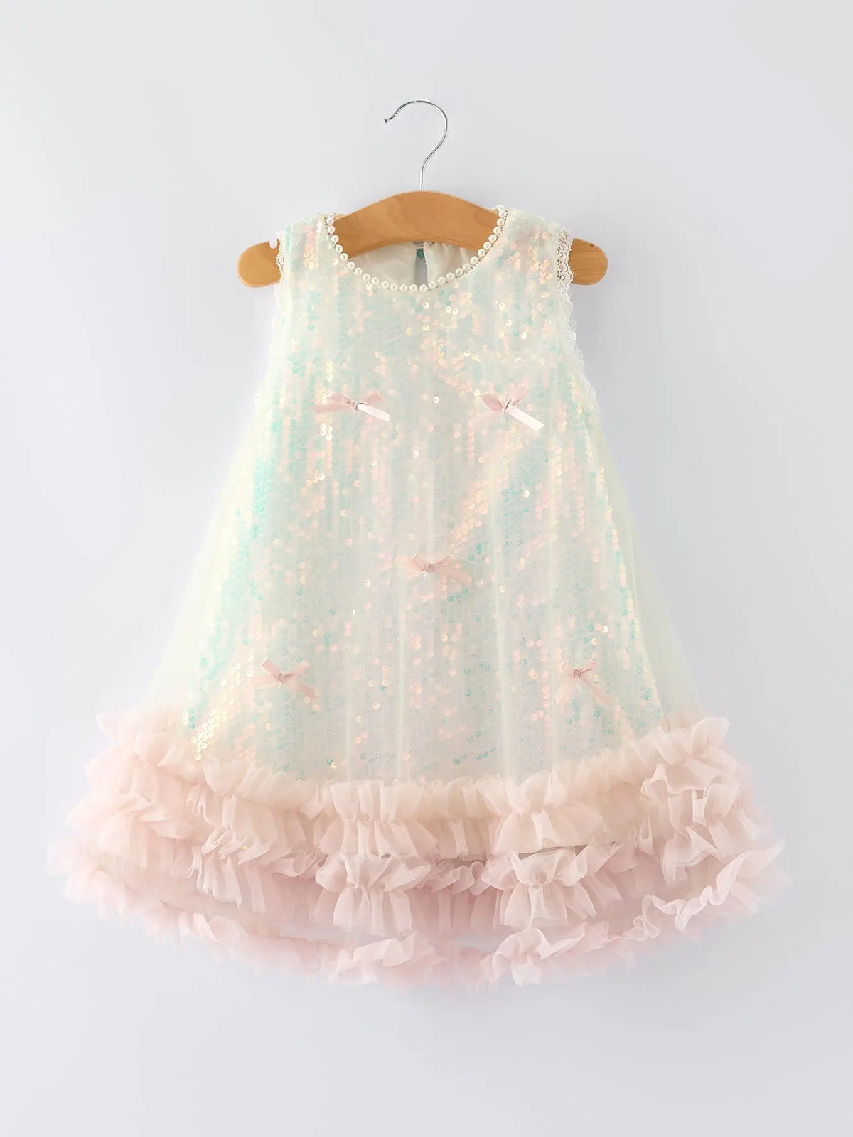 Vestido de Niña de Tul con Volantes y Lazo de Lentejuelas Iridiscentes
