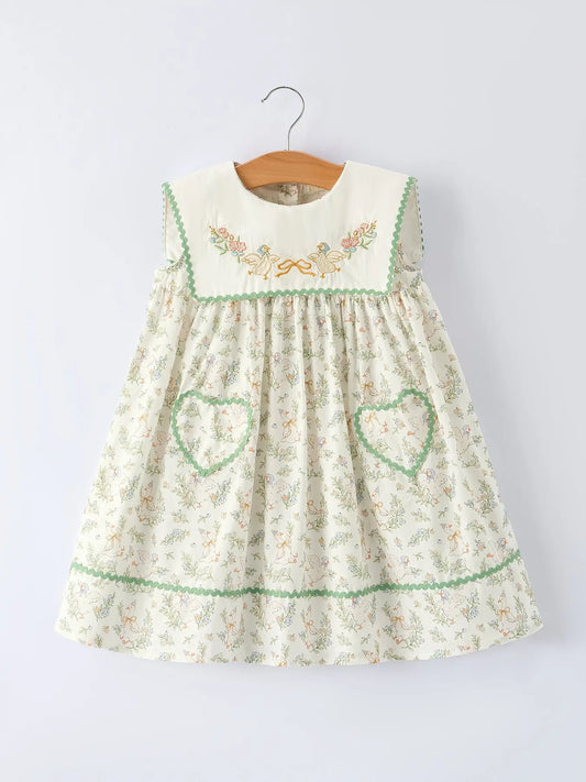 Vintage Floral Duck Embroidery Spring Girl Dress