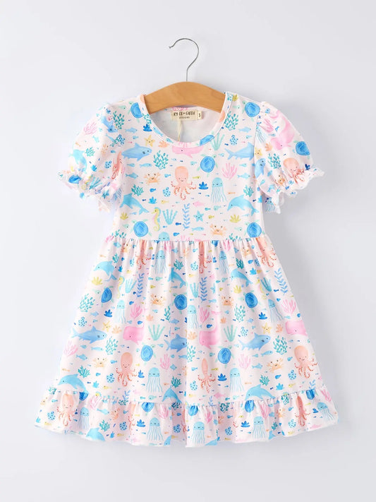 Vestido de niña con volantes y estampado de animales marinos