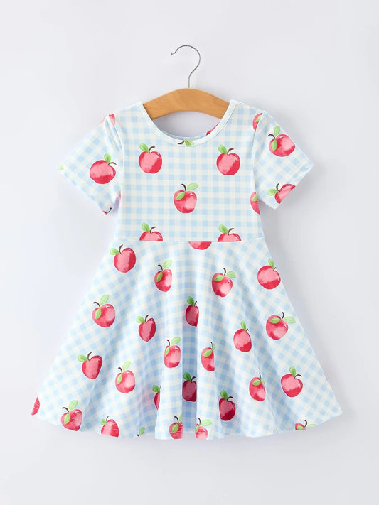 Back to School Apple Plaid Girls Dress Short Sleeve