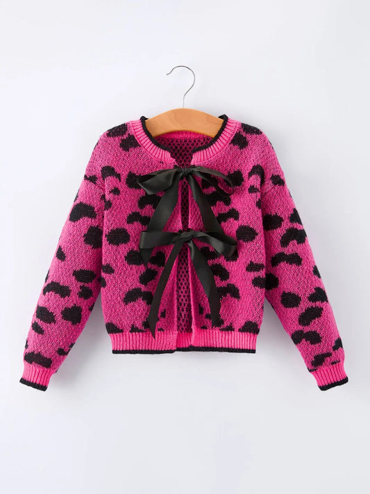 Fall Leopard Bow Girls Knit Cardigan