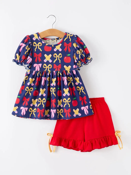 Conjunto "Vuelta al cole" para niña, lazo, volantes y Apple Pencil
