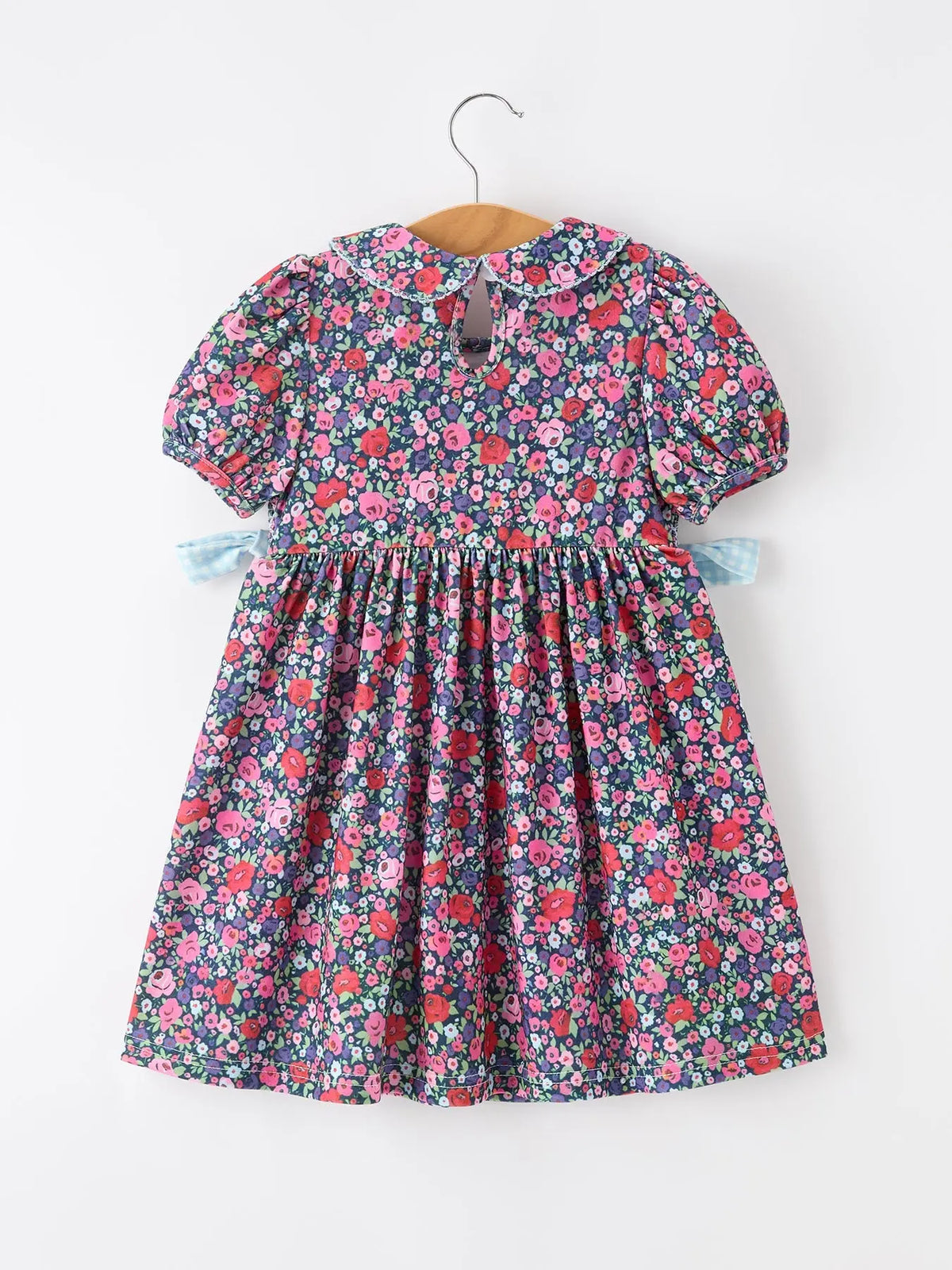Blue Bow Smocked Floral Girl Dress