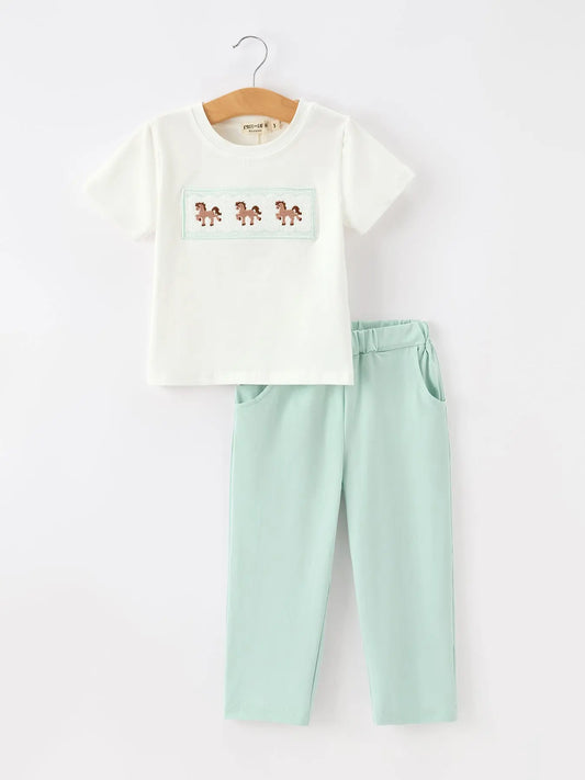 Western Horse Embroidery Boys Set T Shirt Pants Outfit
