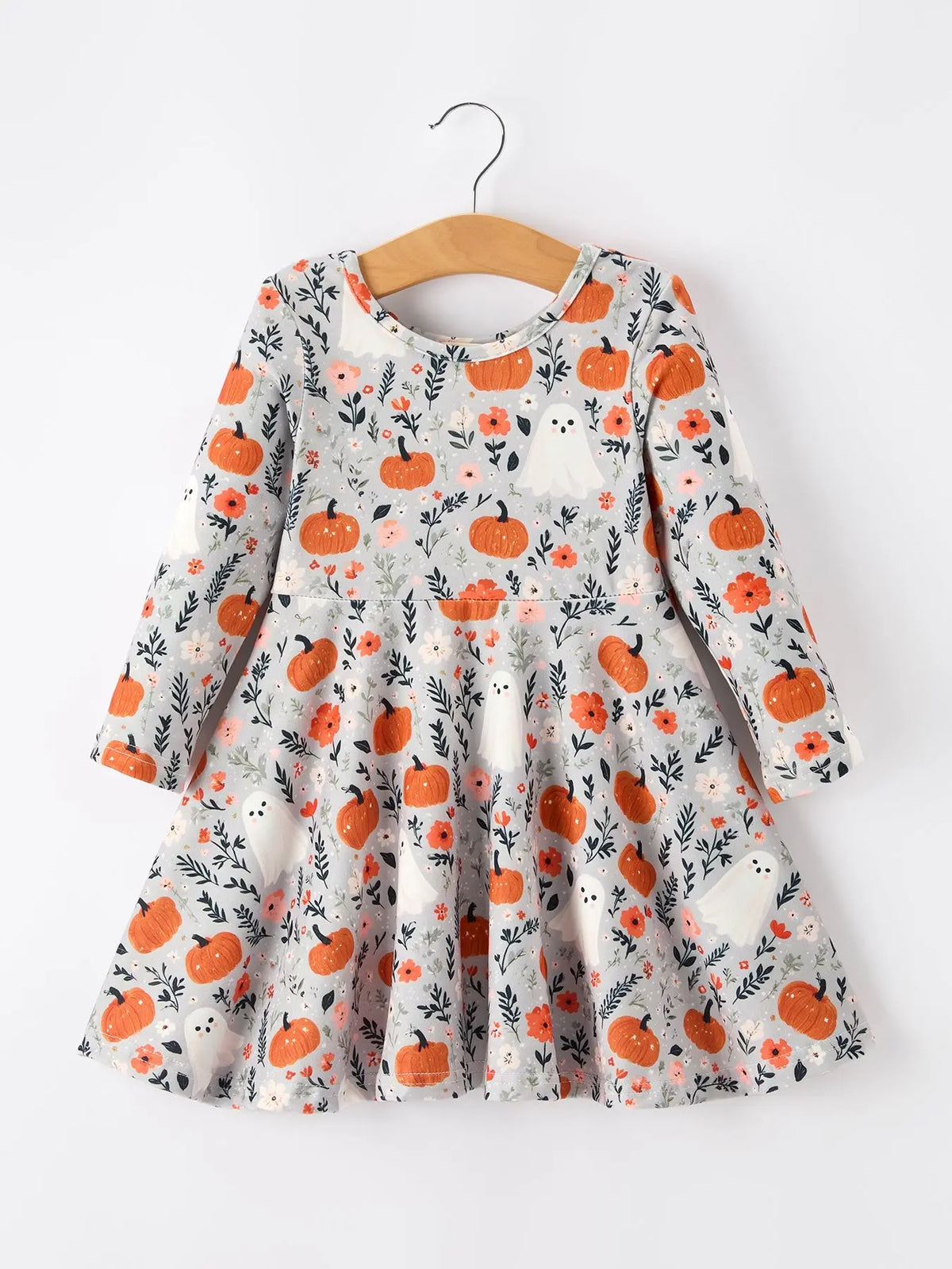 Halloween Pumpkin Ghost Girls Dress Long Sleeve Twirl Dress
