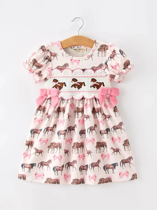 Western Horse Smocked Girls Dress Bow Ruffle Short Sleeve Rylee Faith Designs