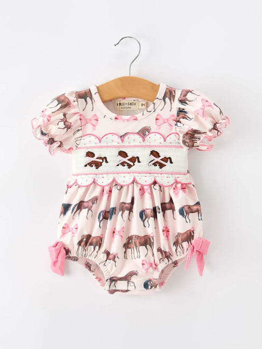Western Horse Smocked Girls Romper Bow Ruffle Short Sleeve