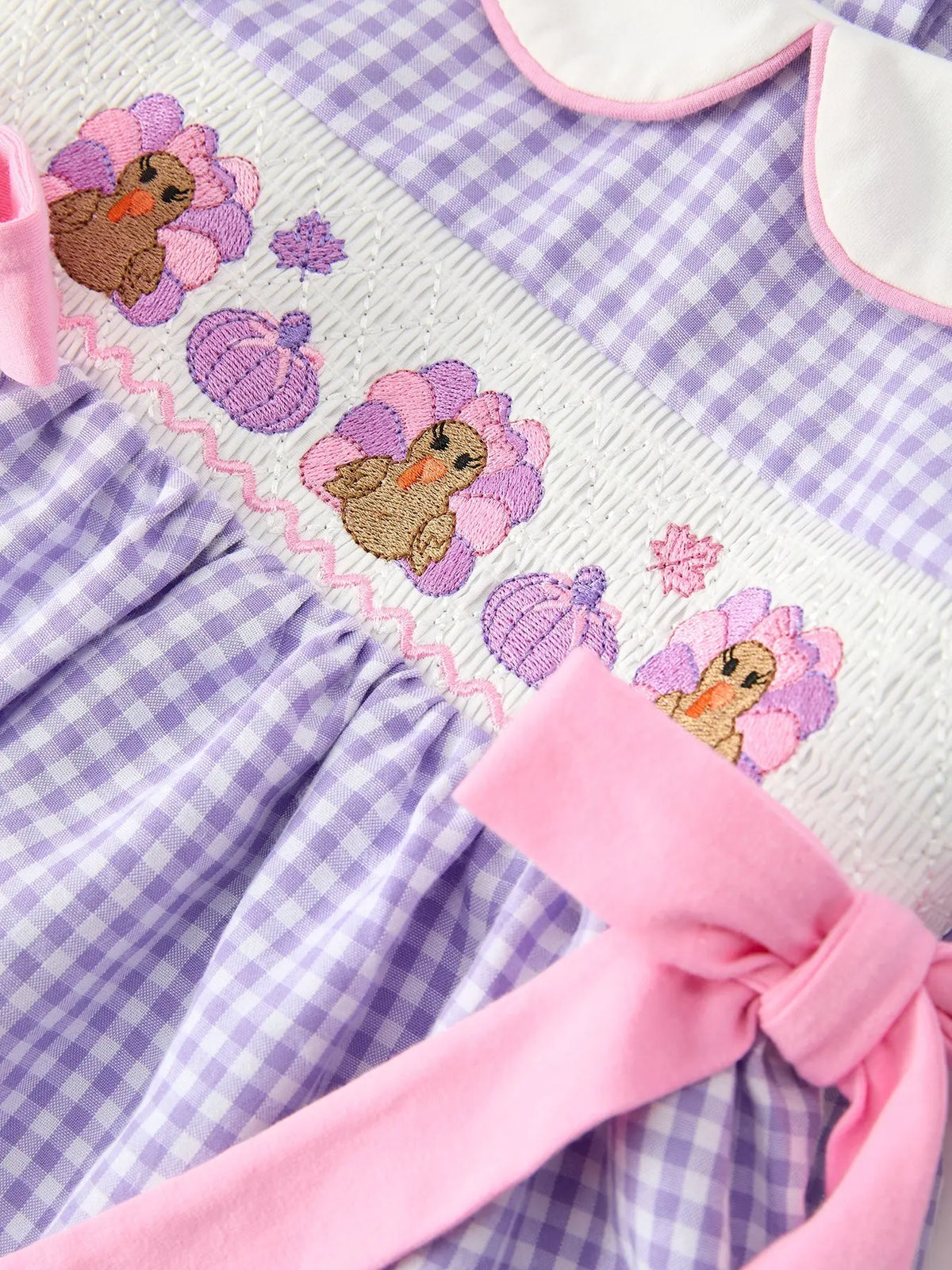 Thanksgiving Turkey Smocked Plaid Bow Girls Bubble Romper