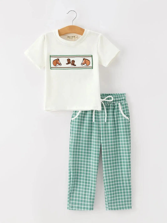 Western Plaid Horse Embroidery Boy Pants Set Rylee Faith Designs