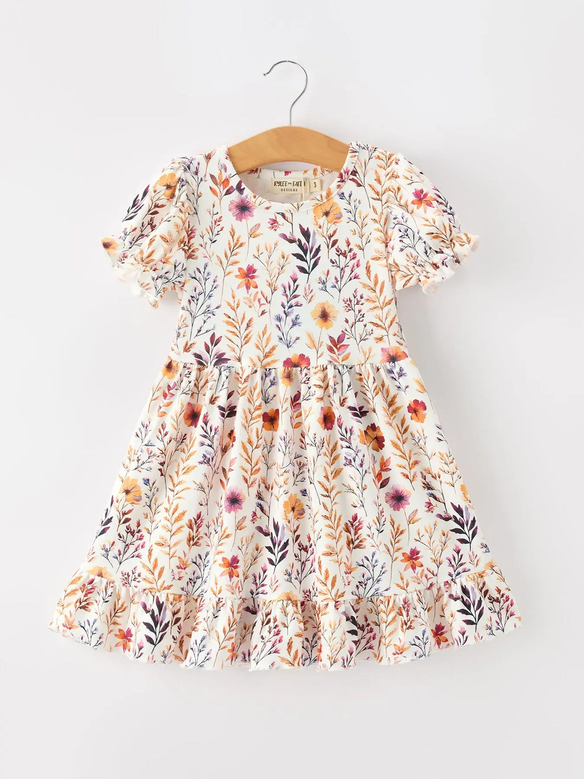 Fall Floral Puff Sleeve Ruffle Girls Dress