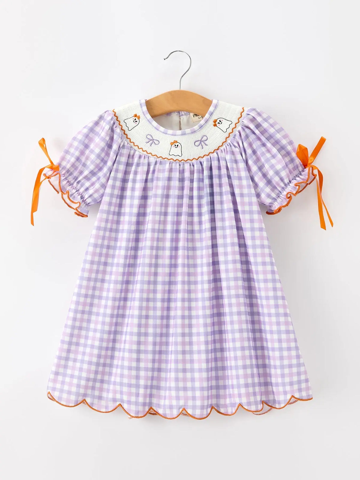 Halloween Ghost Plaid Bow Scallop Girls Dress