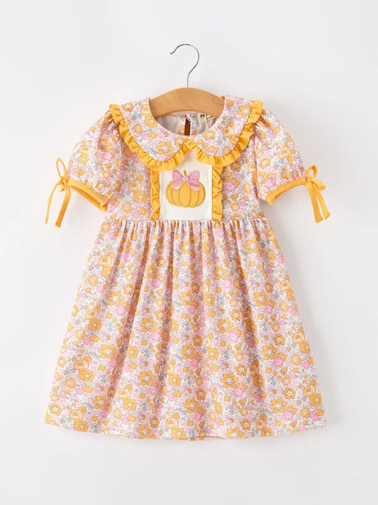 Halloween Pumpkin Floral Girls Dress