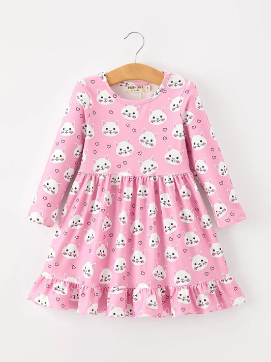 Fall Cat Print Girls Ruffle Hem Twirl Dress