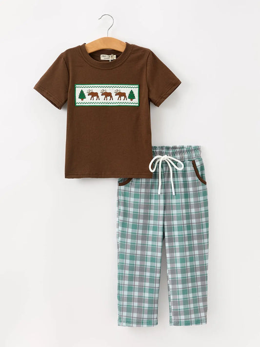 Plaid Moose Smocked Boys Short Sleeve Pant Set