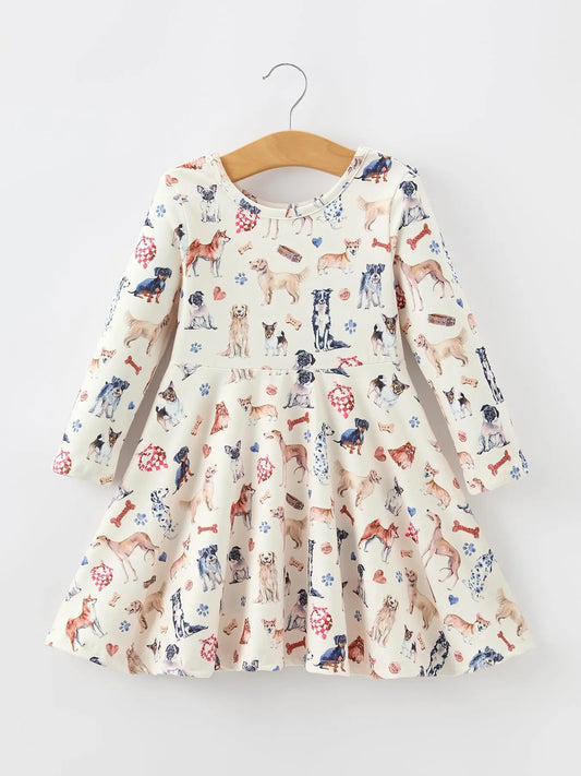 Fall Dog Print Girls Long Sleeve Twirl Dress