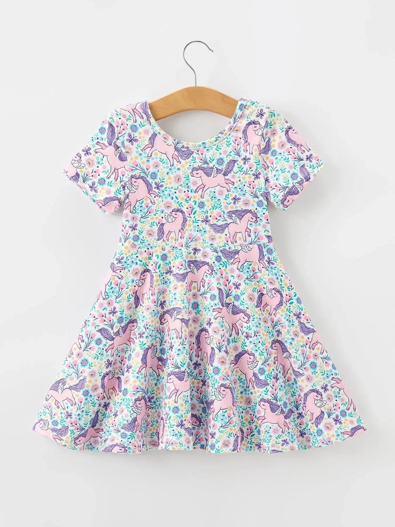 Unicorn Floral Print Girls Short Sleeve Twirl Dress Rylee Faith Designs