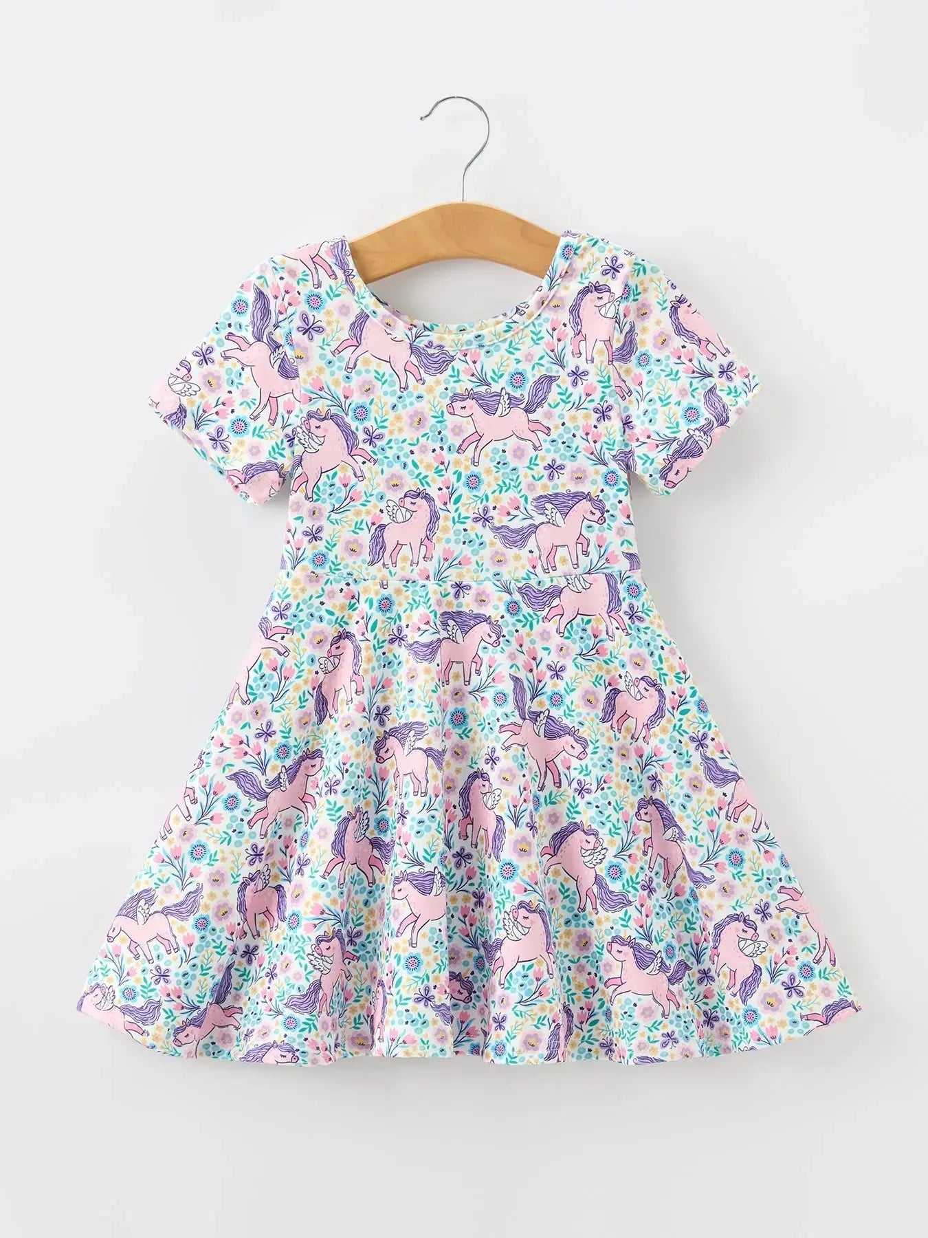 Unicorn Floral Print Girls Short Sleeve Twirl Dress Rylee Faith Designs