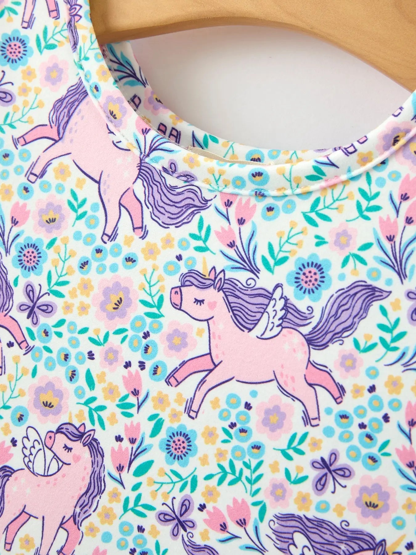 Unicorn Floral Print Girls Short Sleeve Twirl Dress