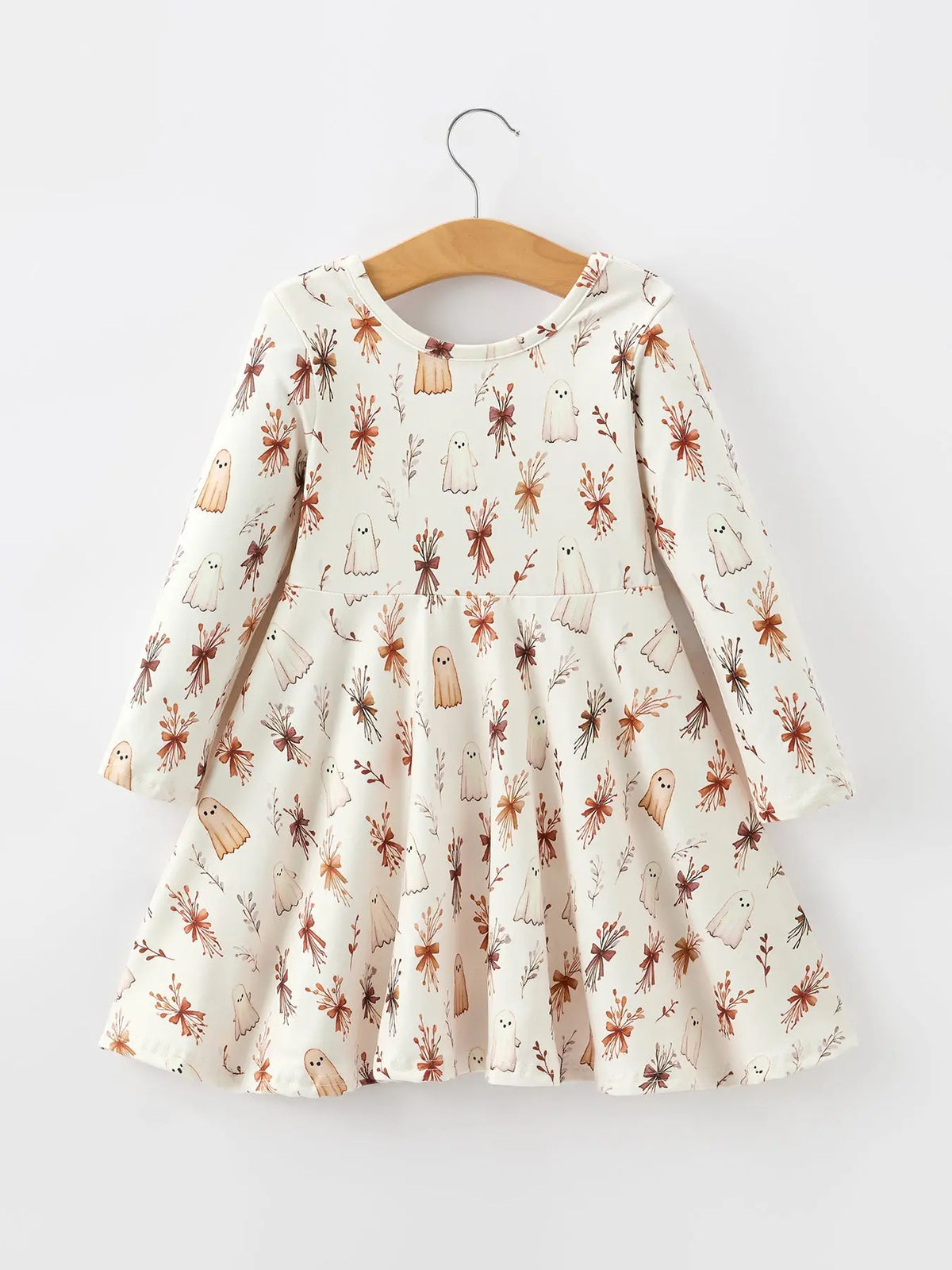 Halloween Ghost Floral Bow Girls Long Sleeve Twirl Dress