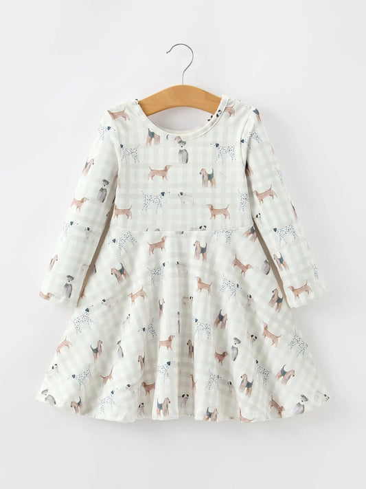 Fall Plaid Dog Print Girls Long Sleeve Twirl Dress