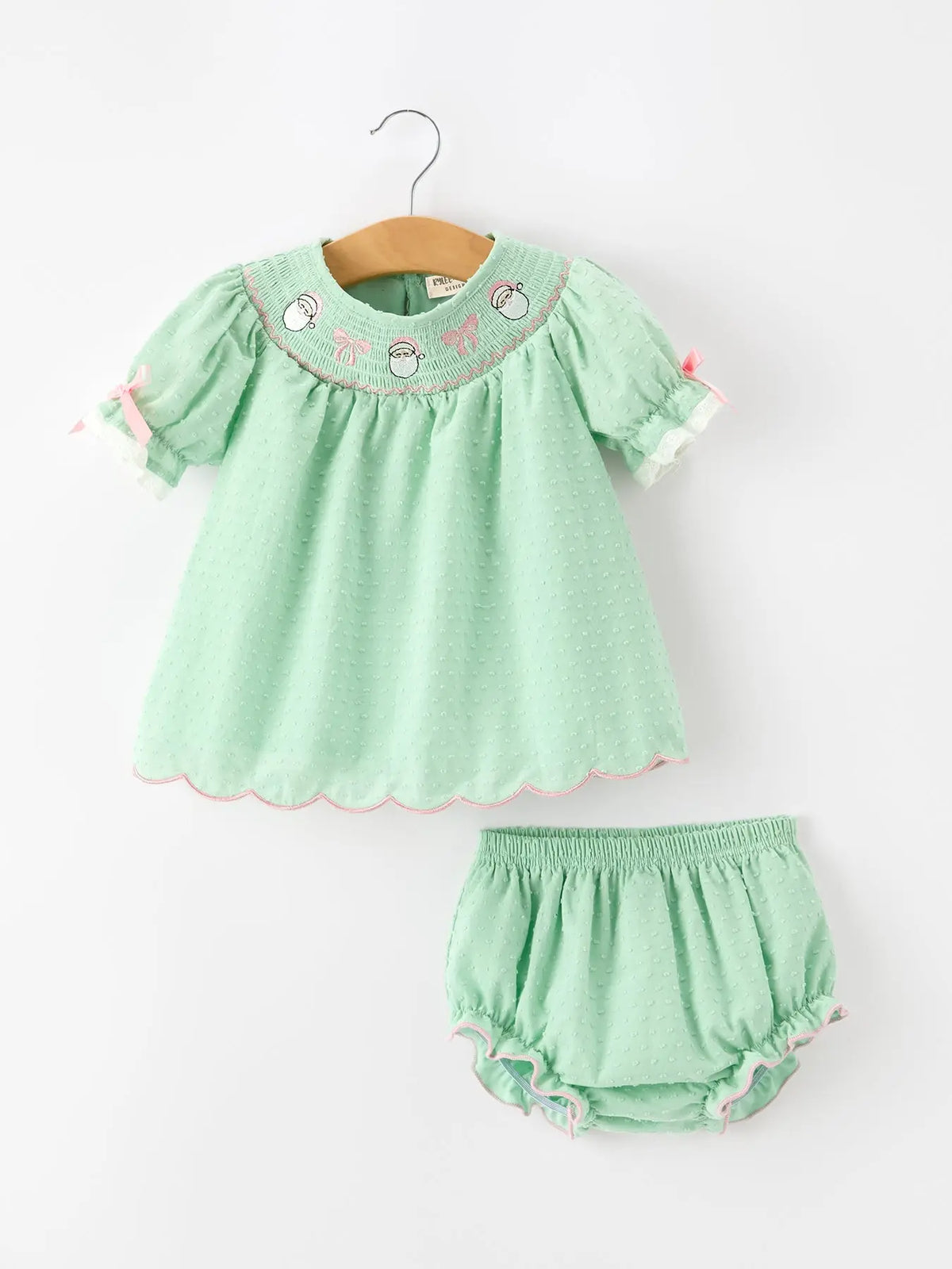 Christmas Mint Green Smocked Santa Baby Girl Bloomer Set Rylee Faith Designs