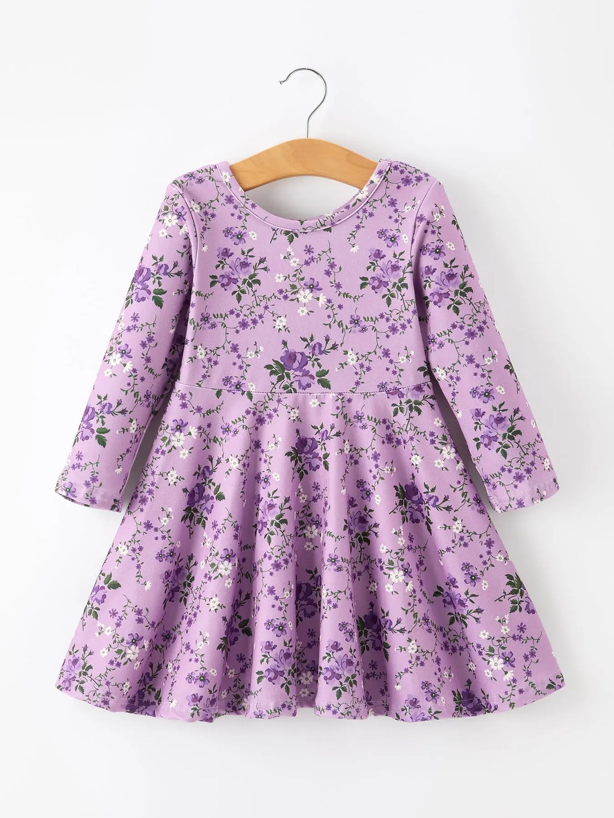 Fall Lavender Floral Print Girls Long Sleeve Twirl Dress