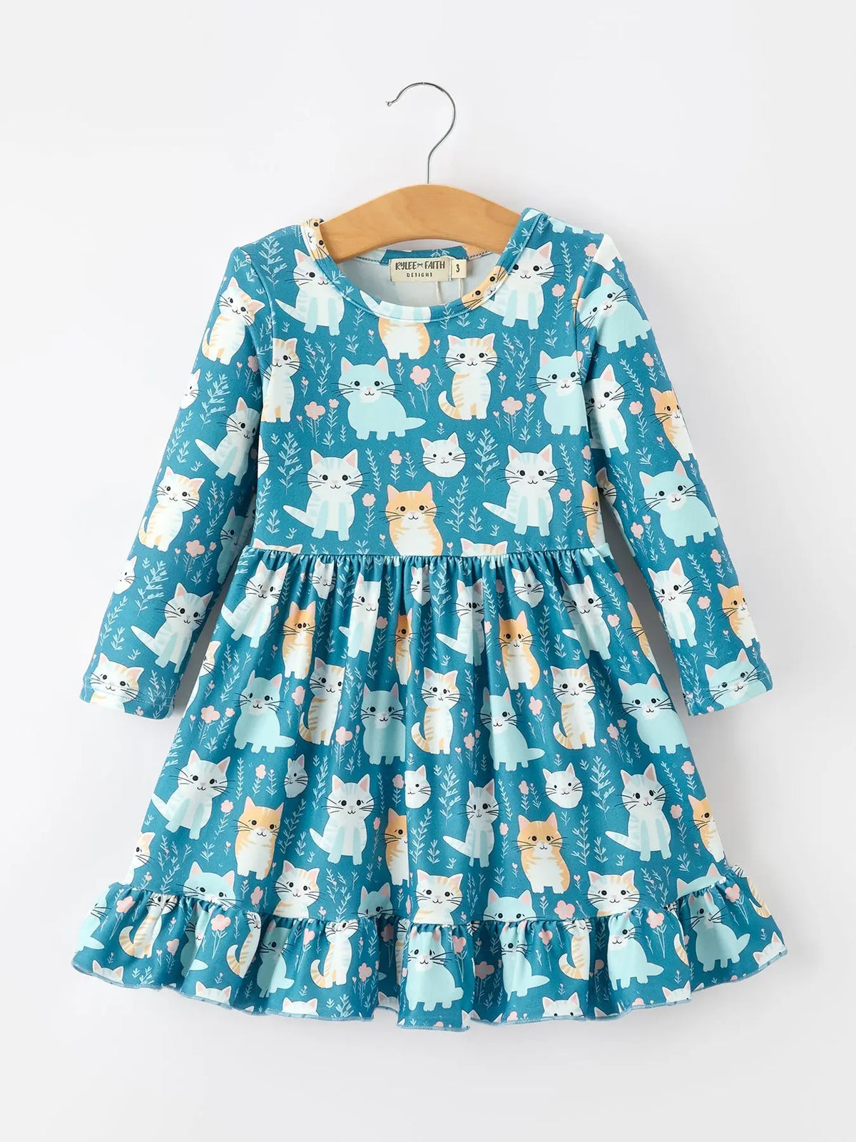 Fall Cat Print Girls Long Sleeve Ruffle Hem Dress
