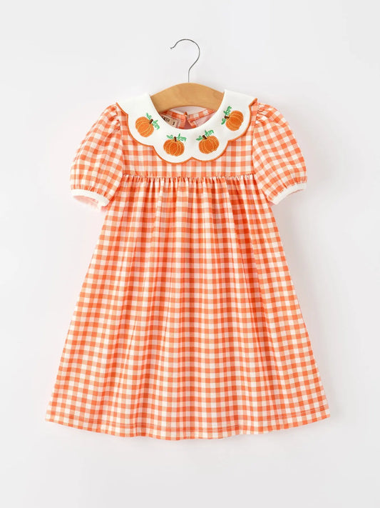 Fall Pumpkin Embroidered Puff Sleeve Girls Dress