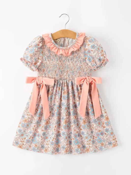 Fall Floral Girls Dress Smocked Ruffle Neck Bow Rylee Faith Designs