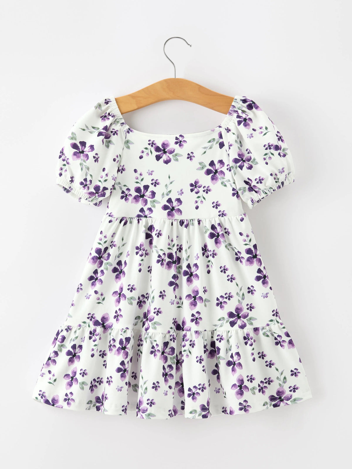 Fall Lavender Floral Puff Sleeve Girls Dress