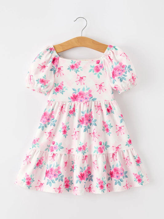 Fall Pink Floral Puff Sleeve Girls Dress