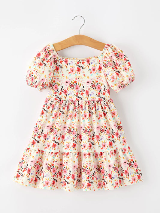 Fall Vintage Floral Puff Sleeve Girls Dress