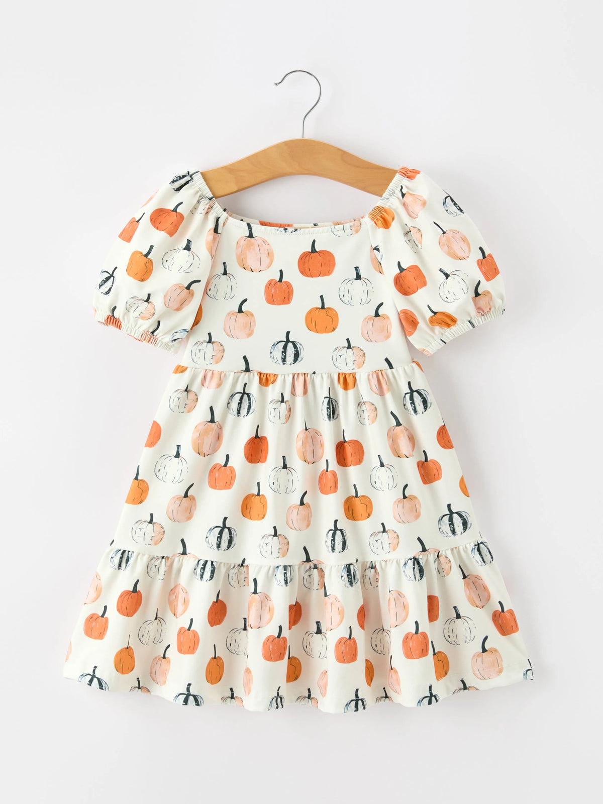 Fall Pumpkin Puff Sleeve Girls Dress