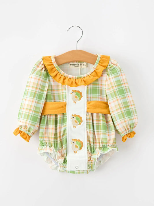 Thanksgiving Turkey Plaid Baby Girl Bubble Romper Rylee Faith Designs