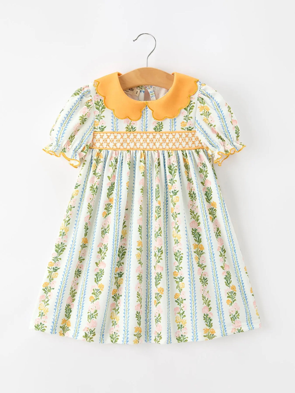 Fall Smocked Floral & Stripe Baby Girl Dress with Scallop Collar