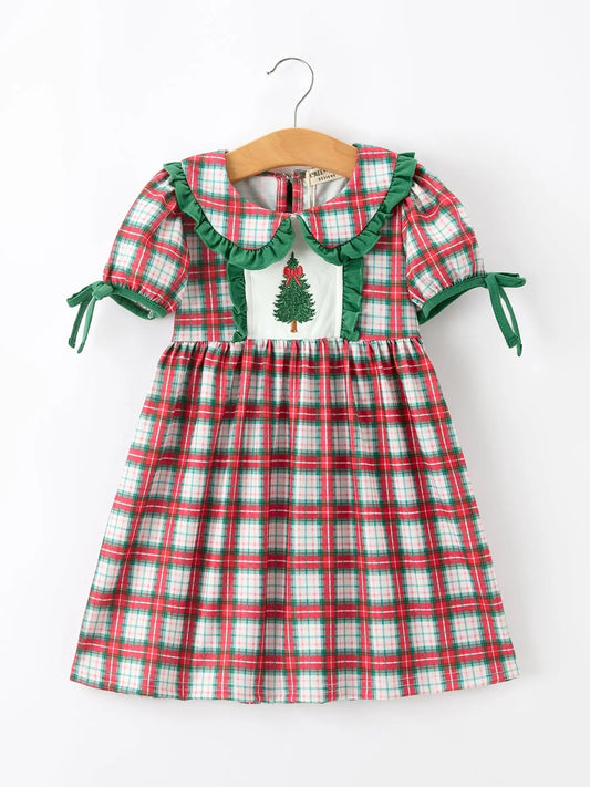 Christmas Tree Plaid Girls Dress Petals Collar Ruffle Rylee Faith Designs