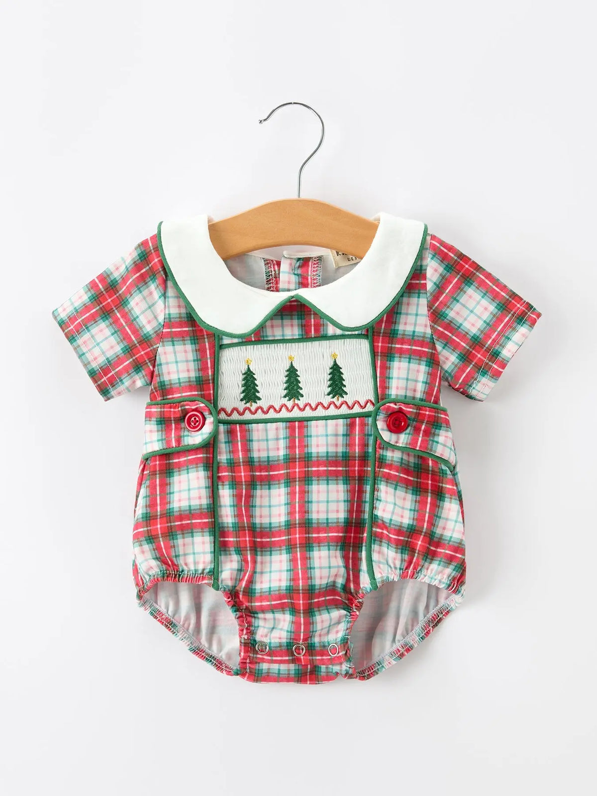 Christmas Tree Plaid Boys Romper Peter Pan Collar Smocked Rylee Faith Designs