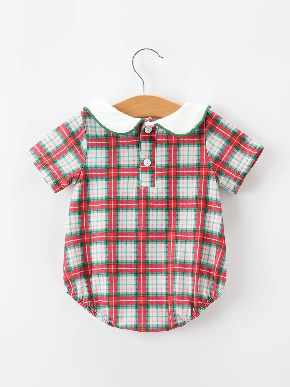 Christmas Tree Plaid Boys Romper Peter Pan Collar Smocked Rylee Faith Designs