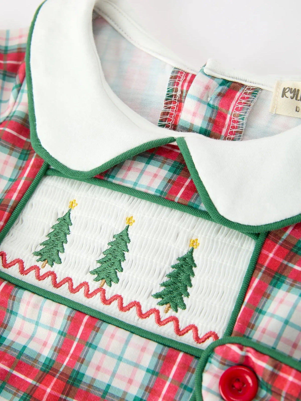 Christmas Tree Plaid Boys Romper Peter Pan Collar Smocked Rylee Faith Designs