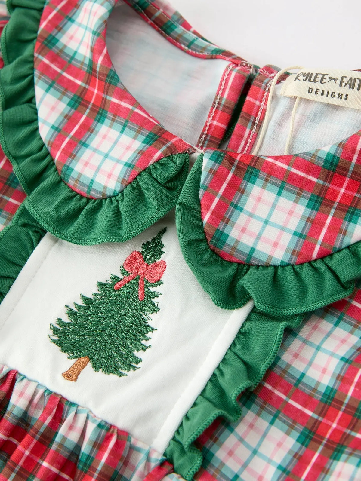 Christmas Tree Plaid Girls Dress Petals Collar Ruffle Rylee Faith Designs